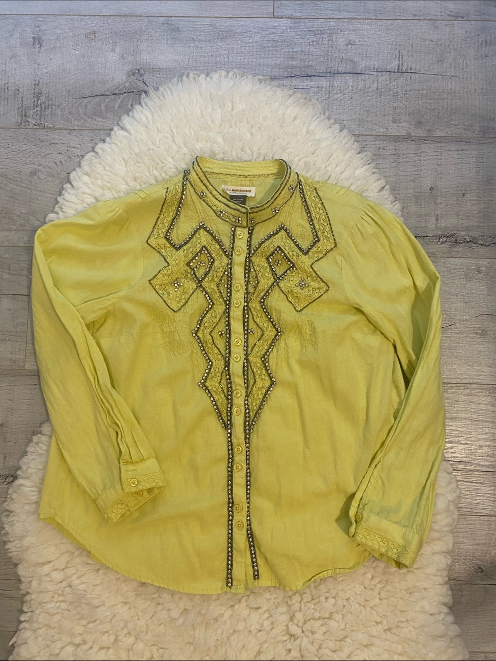 Anthropologie Beaded Yellow Embellished Button-Down Top